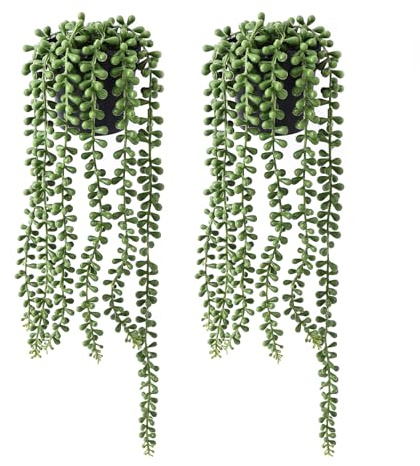 TIED RIBBONS 2 Pack Fake Hanging Plants in Pots, 19 Inch | Faux Potted String of Pearls Succulent Plants | Green Fake Plant for Indoor Outdoor Wall Shelf Table Home Office Decor