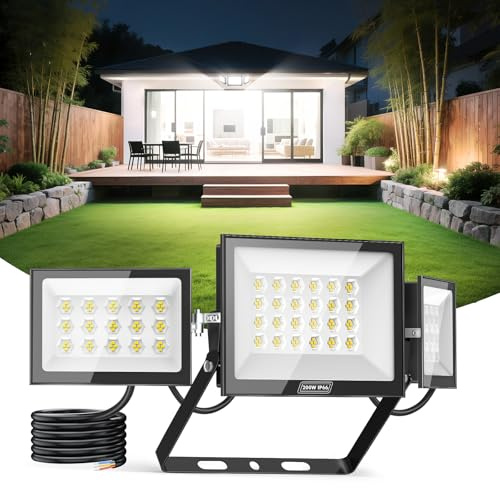 Sararoom Projecteur LED Extérieur 200W Avec 3 Têtes D'éclairage Réglables, Spot LED Extérieur Super Lumineux 20000LM 6500K, Lampe LED Extérieur Étanchéité IP65 pour Cour Garage Entrepôt