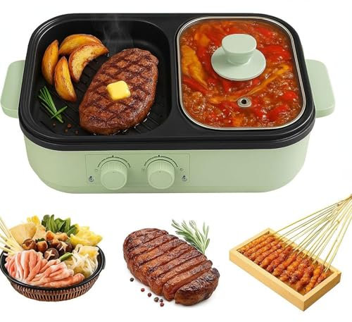 2-in-1 Electric Grill & Hot Pot Multi-Cooker with Nonstick Surface, Adjustable Dual Temp Control for Korean BBQ, Shabu Shabu, Steaks, Pasta, Frying Rapid Heating, 1200W