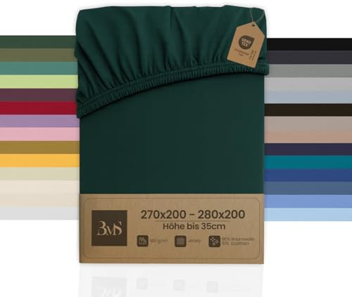 Bettwaesche-mit-Stil Familienbett Spannbettlaken Jersey Spannlaken Spannbetttuch (270x200-280x200 cm, Matratzenhöhe bis 35cm, Tannengrün) Gewicht: 180g/m², 90% Baumwolle 10% Elasthan