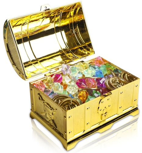 Schatzkiste Kindergeburtstag, Schatztruhe Goldmünzen Piratenschatz Set, Schatzkiste Box Verschließbar Mit Deckel Und Schloss, Kindergeburtstag Schatztruhe mit 20 Piraten Goldmünzen und 100 Edelsteinen