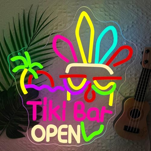Tiki Bar Open Neon Schild，Tiki Maske Leuchtschild Wand Deko für Home Schlafzimmer Club Party Pub Restaurant,Bunte Bar Geöffnet Dimmbare LED Licht Geschenk für Lady Männer USB Powered（13.8*12.2）