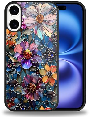 Kivlclri Stained Glass Handyhülle für iPhone 16 Hülle 6,1'', Aesthetic Blumen Blätter Muster Motiv Design für Mädchen Geschenk Schutzhülle Stoßfest Weiche Bunt Silikon TPU Ultra Dünn Bumper Case