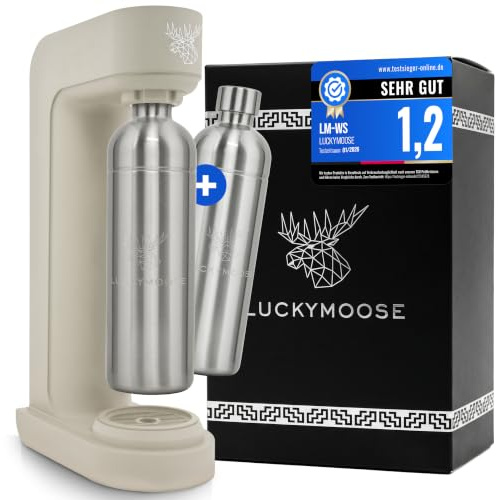 Luckymoose Infinity Wassersprudler mit 2x 1,25L langlebigen, spülmaschinenfesten Edelstahlflaschen – CO₂-sparende Sprudelwasser Maschine – Kompatibel mit den blauen 60l CO₂-Zylindern