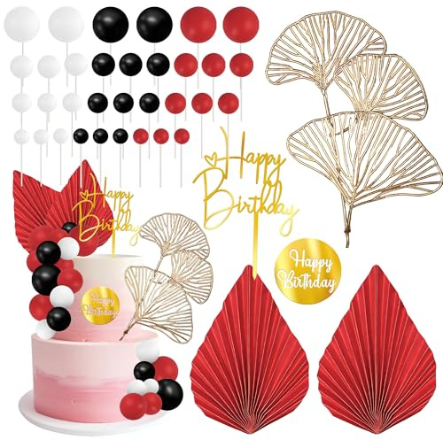 25 Pack Black Gold White Balls Cake Toppers Happy Birthday Foam Balls Birthday Cake Topper Paper Palm Fan Cake Picks Ginkgo Leaf Cake Decorations for Baby Shower Birthday Wedding Party Supplies
