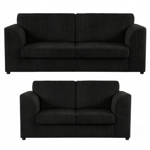 Sofa Snug 3+2 Seater Jumbo Cord Corner Sofa Full Back Soft Fabric with Modern Design for Living Room - Black