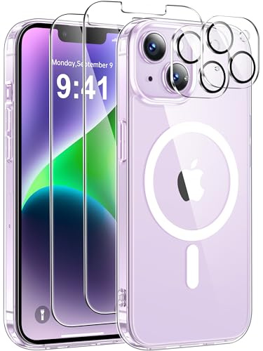 ivencase for iPhone 14 Plus Case with 2 Pack Screen Protector and 2 Pack Camera Lens Protector, Compatible with MagSafe, Shockproof Protective Clear Back Phone Case for iPhone 14 Plus 6.7 -Clear