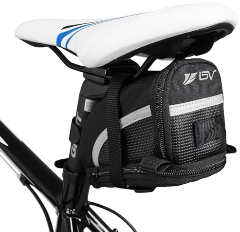 BV Strap-On Bike Bag with Reflective Material - Saddle Bag with Seperate Divider for Small Items for All Your Essentials - Bike Pouch with Taillight Hanger for Maximum Safety (Cycling Bag, Medium)