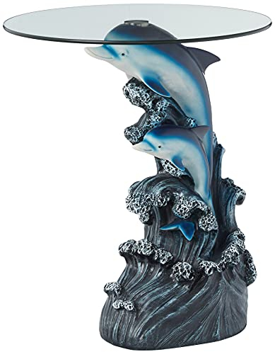OK Lighting Animal Beistelltisch mit Glasplatte, 61 cm, Delfin, Blau und Grau