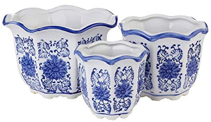 HakkaGirl Blue and White Porcelain, Flower Pots, Chinese Ceramic Planters for Decorative -Set of 3