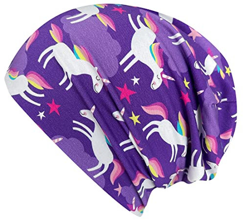 Wollhuhn ÖKO Jungen/Mädchen Bequeme Weiche Long Beanie/Mütze/Beanie-Mütze/Strickmütze/Kindermütze Jersey Gefüttert Übergangszeiten (Öko-Stoffe/Bio)… (Happy Unicorn/Einhörner Violett, L)