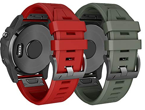 Armband für Garmin Fenix 5X /Fenix 5X Plus/Fenix 6X /Fenix 6X Pro/Fenix 7X /Fenix 3 /Fenix 3 HR, 26mm Breite Silikon Quick-Fit Uhrenarmband für Garmin, Mehrfache Farben （Armee Grün + Rot）