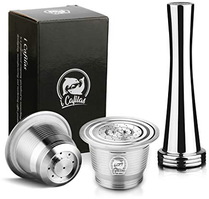 i Cafilas wiederverwendbare nachfüllbare Kaffeekapseln Edelstahl Kompatibel mit Nespresso 2 Stück,nachfüllbare Kaffeekapsel für Nesspresso-Maschine, inklusive 1 Löffel, 1 Reinigungsbürste
