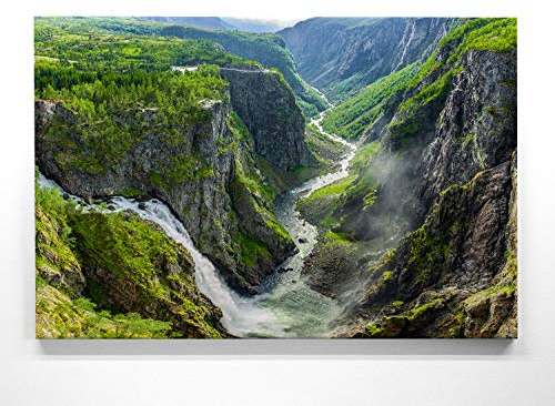 Atemberaubendes Berg Bild Wasserfall Norwegen - als 180x120cm große XXL Leinwand. Tolles Wandbild als Hintergrund und Deko für Wohnzimmer & Schlafzimmer. Fertig aufgespannt auf 4cm Holz-Keilrahmen