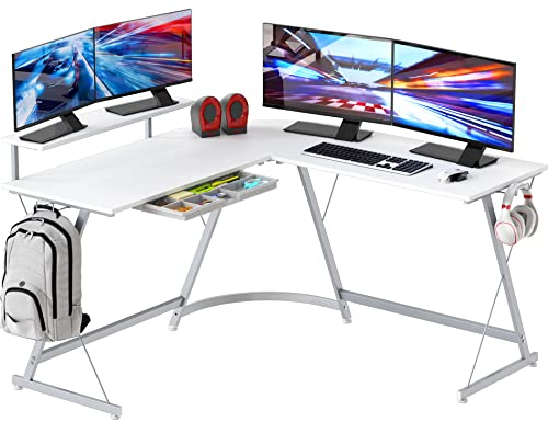 SHW Vista L-förmiger Schreibtisch mit Monitorständer, weiß
