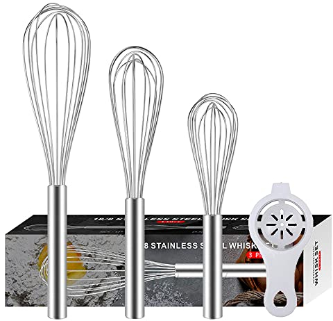 3 Pack Stainless Steel Whisks 8+10+12, Wire Egg Beater Whisk Set Kitchen Balloon whisks Set for Cooking, Blending, Whisking, Beating, Stirring