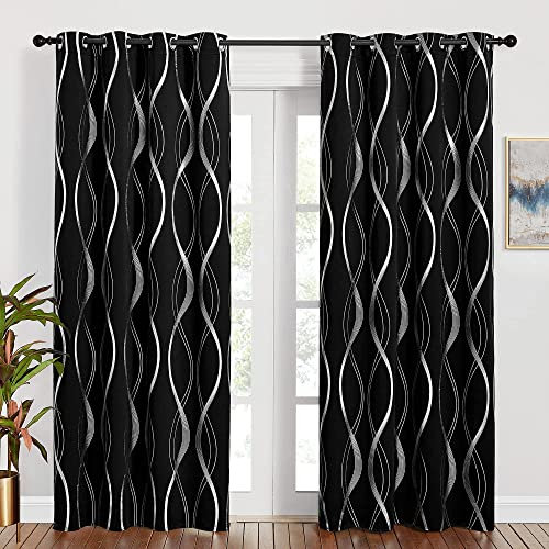 PONY DANCE Rideau Thermique Isolant - Rideaux Occultant Draperies à Oeillets Motif Courbe Argentée Décoration pour Maison Salon Fenetre, L 140cm sur H 220cm, Noir, 2 Pièces