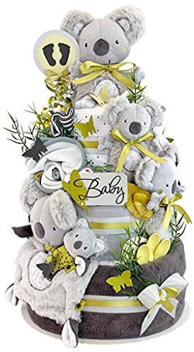 MomsStory – Windeltorte neutral | Windelgeschenk Koala | Baby-Geschenk zur Geburt Taufe Babyparty | 3 Stöckig (Braun/Grau) XXL Geburtsgeschenk