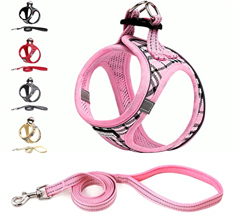 Suredoo Dog Harness and Lead Set, Step-in Breathable Reflective Puppy Cat Dog Vest Harnesses for Small Dogs (L, Pink Plaid, Chest: 40-45cm)