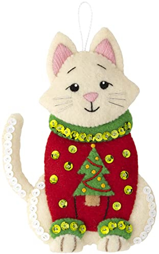Bucilla Felt Applique 6 Piece Ornament Making Kit, Cats in Ugly Sweaters, Perfect for DIY Arts and Crafts, 89381E