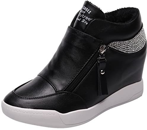 rismart Donna Zeppa Piattaforma Bootie Elegante Sneaker Scarpe SN15018(Nero Pelliccia,35 EU)