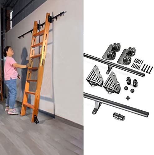 XJHOME Schwarze Edelstahl Gleitbibliotheksleiter Hardwar Gleitbibliothek Leiter Hardware(keine Leiter), Rolling Bibliotheksleiter Hardware-Kit, mit Bodenrollenrädern, 3.3ft-20ft Stahl Rundrohr Mobile