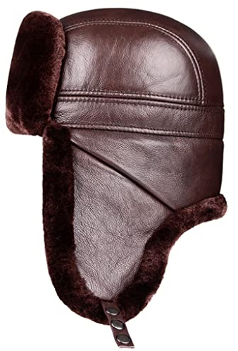 ZHOUXIAO Winterhut Mit Großen Ohrklappen Für Männer, Winddichter Wasserdichter Aviator-Trapper-Hut Warmer Soldat-Russisch-Faux-Pelz-Hut-Mütze, Leder-Bomber-Hut, Geschenk Für brown-62CM