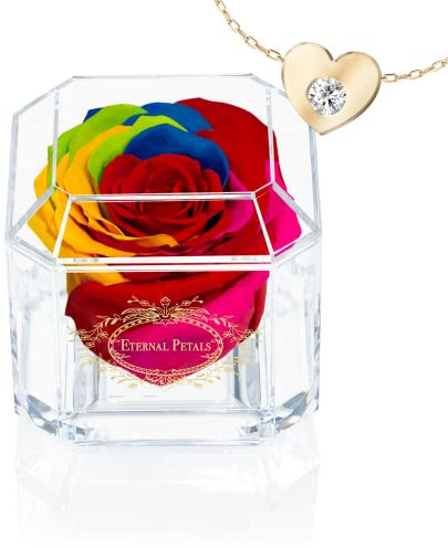 Eternal Petals A Real Rose That Lasts Years, Handmade in UK – Gold Solo with Gift Box, 18 ct Gold plated Heart Necklace with Clear Crystal and Love Message Greeting Card (Rainbow)
