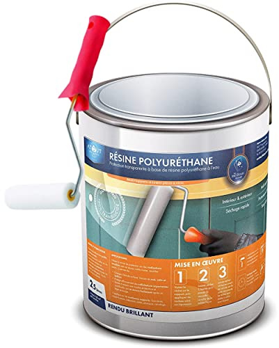 Atout Résines Résine polyuréthane brillant 2,5 Litres mono- composant, incolore, vernis, vitrificateur, protection polyvalente, multi-usages et son rouleau adapté à la bonne application de la résine.