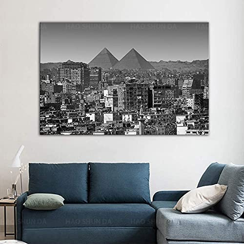 Zhadongli Art Skyline von Kairo, Ägypten und die Pyramiden, Schwarz-Weiß-Foto, coole Wanddekoration, Kunstdruck, Poster, Leinwand, Gemälde, 50 x 75 cm, rahmenlos