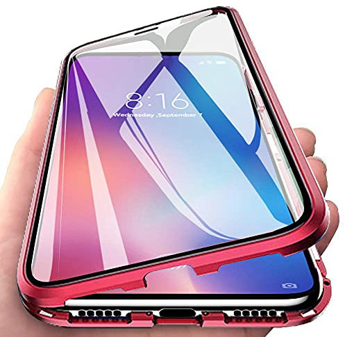 Orgsty Hülle für Samsung Galaxy A53 5G (6,5), Magnetische Hartglas Hülle mit Vorderseite und Rückseite, Metallrahmen Case mit Eingebaut Magnet, Ultra Dünn 360 Grad Handyhülle, Rot