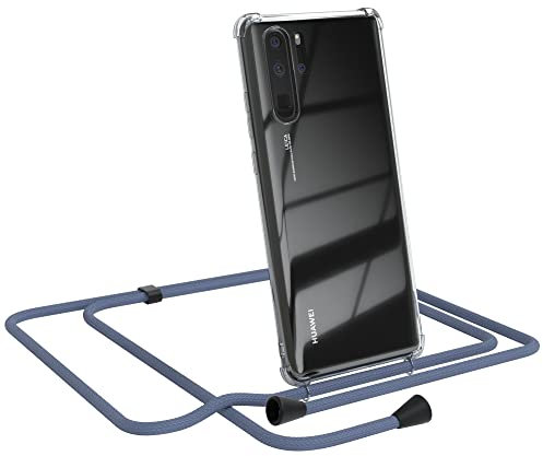 EAZY CASE Handykette kompatibel mit Huawei P30 Pro Handyhülle mit Umhängeband, Handykordel mit Schutzhülle, Silikonhülle, Hülle, Stylische Kette, EIS Blau - Clips Schwarz