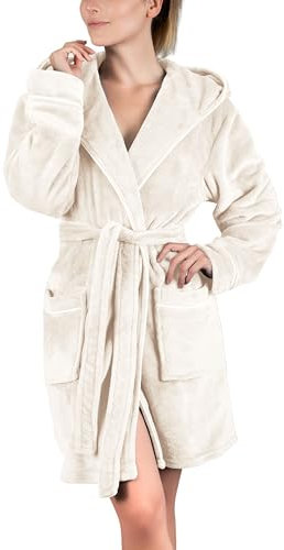 Gräfenstayn Bademantel Damen flauschig mit Kapuze - Kuschelfleece - Öko-Tex Standard 100 - Morgenmantel leicht & kurz - Größe (XL, Creme)
