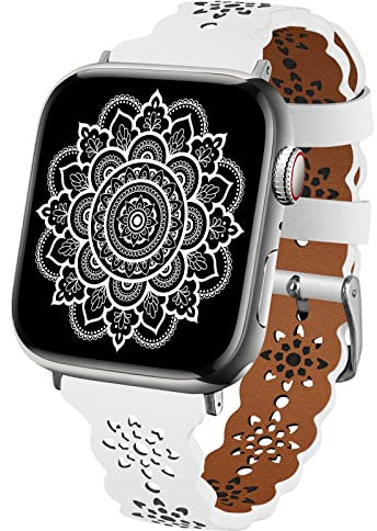 TopPerfekt Lace Leather strap Compatible Apple Watch 42mm 44mm 45mm 49mm Women Ultra Thin hollow out Breathable Leather strap Classic Clasp for iWatch Collection Ultra SE 8 7 6 5 4 3 2 1 white