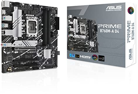 ASUS PRIME B760M-A D4 – Carte mère Intel B760 LGA 1700 Micro-ATX (PCIe 4.0, 2 x M.2, Realtek 2.5Gb Ethernet, DisplayPort, 2 x HDMI, SATA 6 Gb/s, USB 3.2 Gen 2, Aura Sync RGB)