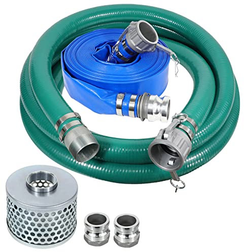 2 Inch Suction Hose Pump kit, Includes 2 x 65' Blue PVC Backwash Hose & 2 x 20' Green PVC Suction Hose & Steel Round Hole Suction Strainer & Cam and Groove Adapter,2 Suction Hose Kit for Water Pump