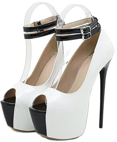 CHUNNUAN Modisches Design Doppelschnalle Riemen Plateau Sandalen Damen Pumps Sexy Peep Toe 16,5 cm Super High Heels Stripper Schuhe - Weiß, 38