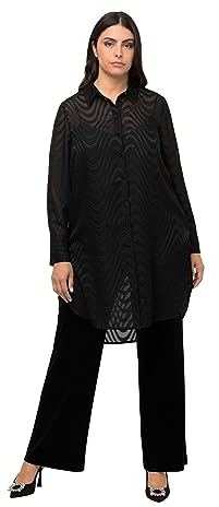 Ulla Popken Damen Longbluse, Chiffon mit Wellenoptik Bluse, schwarz, 46-48