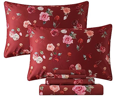 FADFAY Red Rose Sheets Twin XL Vintage Rose Floral Bedding Chic Rose Flower Sheets Shabby Farmhouse Bedding 100% Egyptian Cotton 800 Thread Count Deep Pocket Fitted Sheet 4Pcs, Twin XL for Dorm Room