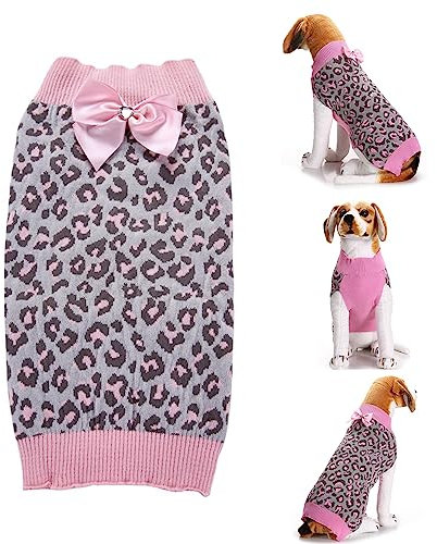 Hundepullover mit Schleife, rosa Leopard Hundepullover Strickwaren, geeignet für kleine, mittlere und große Hunde Mädchen (M)