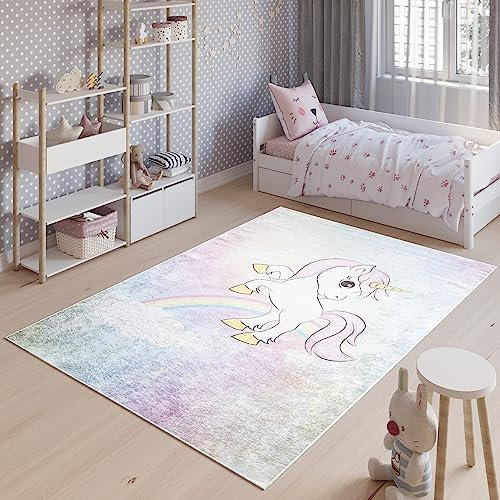 TAPISO Emma Tapis Antidérapant Chambre Enfant Bébé Fille Garçon Adulte Moderne Blanc Rose Jaune Bleu Motif Licorne Tapis de Jeu Poil Court Doux Résistant Lavable 140 x 200 cm