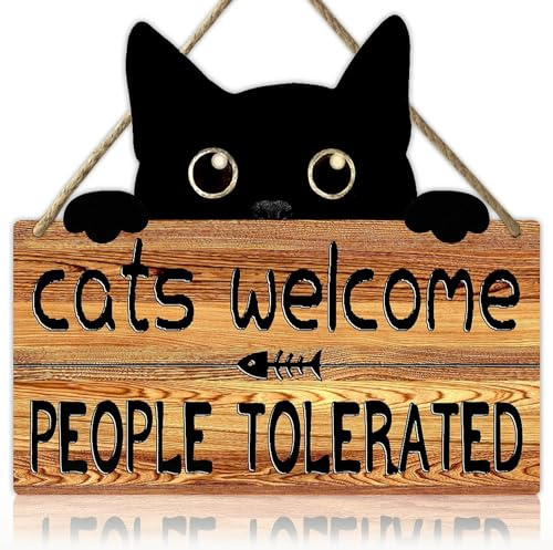Funny Cat Signs Black Cat Welcome Sign Cat Home Decor Gifts For Cat Lovers Cat Gift For Women Cat Wall Art Halloween Black Cat Wooden Hanging Decor Door Sign Cats Welcome People Tolerated Sign