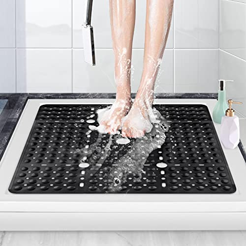 ZOKBOM Tapis de douche carré antidérapant 70 x 70 cm - Grand tapis de douche pour douche intérieure avec ventouses et trous de drainage - En caoutchouc anti-moisissure - Lavable en machine - Noir