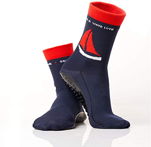 OceanSocks + EXTRA TASCHE | rutschfeste Aqua-und Beachsocken für Strand, Wasser, Wattwanderung, Boot & Boards, Damen, Herren, Kinder,Blau, Schiff, 39-42