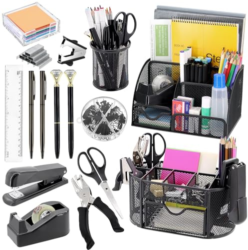 17-in-1 Schreibtisch-Organizer und Zubehör-Set, 3 Büro-Schreibtisch-Zubehör, Aufbewahrung, Organisation, 4 Stifte, Hefter, Heftklammern und Entferner, Klebeband und Spender, Schere, Lineal, Clips,