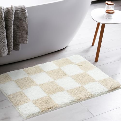 Tititex Luxuriöser Badezimmerteppich, 61 x 91,4 cm, klassisches Schachbrett, extra weich und saugfähig, Mikrofaser-Badteppich, rutschfester Plüsch-Badteppich für Badezimmerboden, cremeweiß kariert
