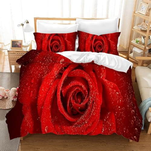 Leleyouzer 3D Rote Rose Bettwäsche Set,Rote Rose Blumenmuster Bettbezug Für Mädchen Erwachsene,Weiche Mikrofaser-Bettwäsche mit Reißverschluss und 2 Kissenbezug 50 x 75cm (R2, 135×200 cm)