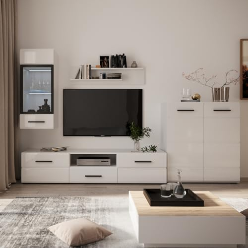 Homely - Mueble de salón Modular ÁRTICO Mini | Conjunto de 5 Muebles: Mueble TV + Mueble bajo + Mueble Alto + estantería/balda Alta | Color Blanco Brillo | Medidas Conjunto 215x40x170 cm