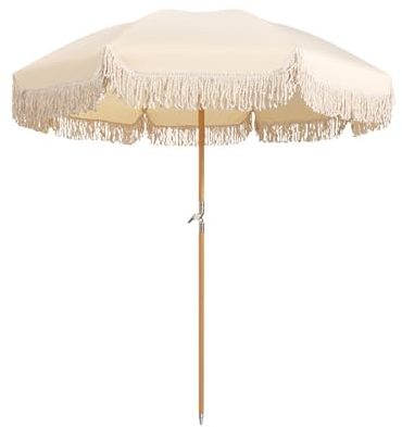 Parasol de plage Boho inclinable de 200 cm, parasol de jardin rond portable, poteau en bois pliable, parasol d'extérieur avec frange (Color : Beige, Size : 200cm/6.6ft)