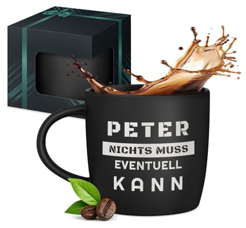 Maverton Keramik Kaffeetasse 400ml mit Gravur - personalisierter Kaffeebecher aus Matt Keramik mit Henkel - Trinkbecher für Männer zum Geburtstag zu Weihnachten - matt schwarz - Innen schwarz - Spruch